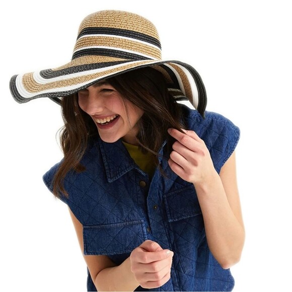LC Wakiki Woven Straw Hat, Natural White Black Hold Metallic Stripes, Wide Brim - Picture 3 of 6